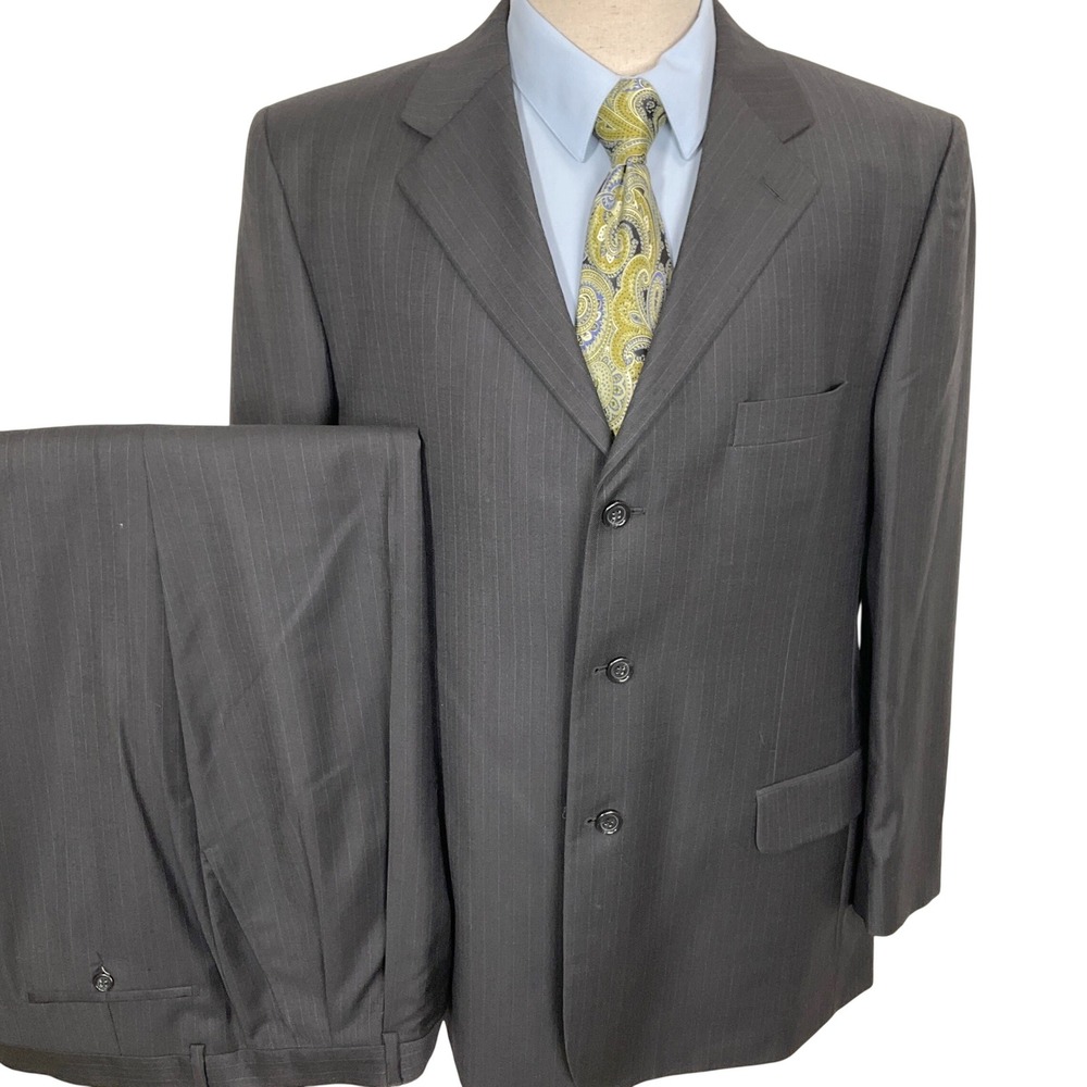 Pronto Uomo Zignone‎ Suit Mens 48R 38W 30L Dark Charcoal Pinstripe 3 Button Wool